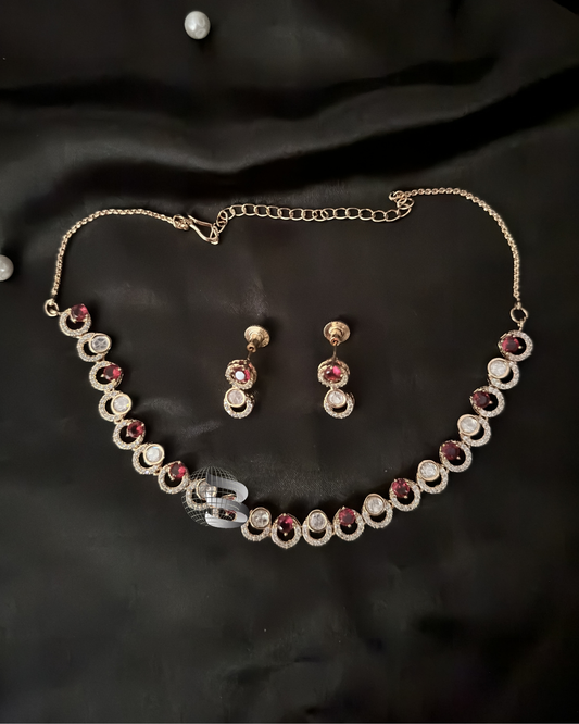 Rose Gold plated American Diamond and Dark Pink Stone Studded Necklace Set