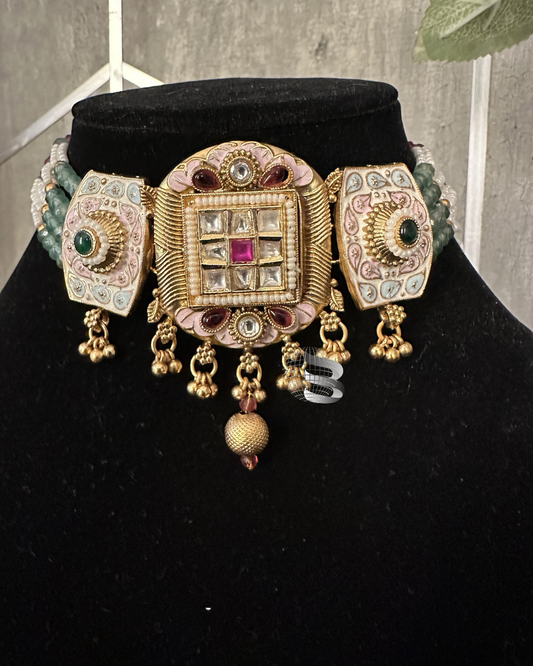 Gold and Kundan Choker Set Green, Pink stone studded enamel and pearl work