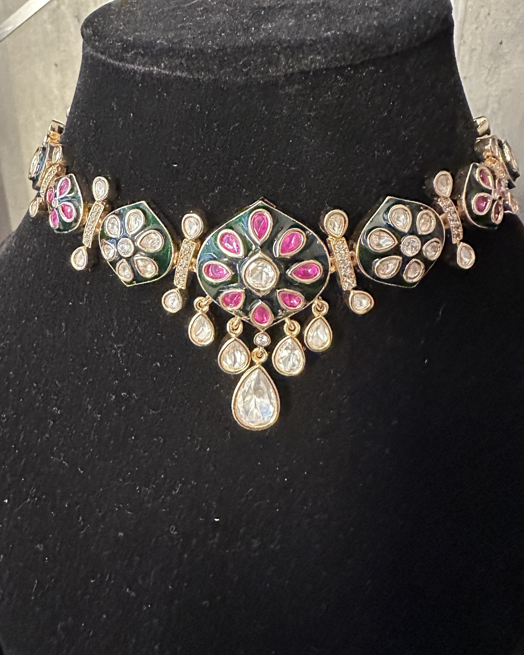 Gold Plated Kundan Green and Pink Meena Work Necklace and Choker Set
