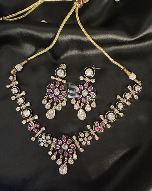 Gold Plated Kundan Green and Pink Meena Work Necklace and Choker Set