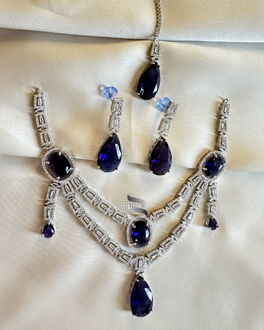 Silver Toned Purplish Blue Stone Studded American Diamond Necklace Set