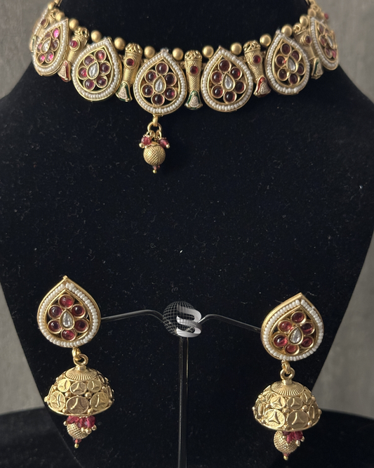 Golden Dark Pink Stones with Pearl and Meena Work Traditional Necklace Set