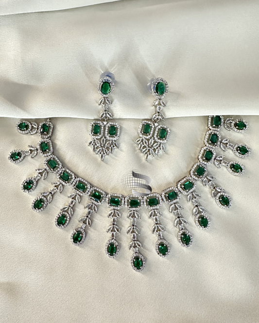 Silver Toned Green Stone Studded American Diamond Necklace Set