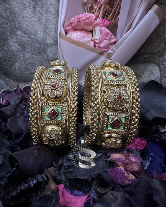 Red Stones Studded Enamel Golden Traditional Bangle Set