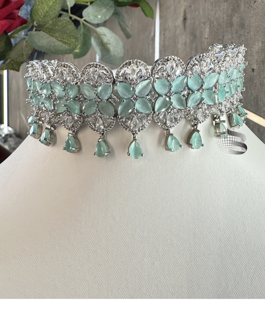Silver Tone Mint Color Stone studded Floral American Diamond Choker Set