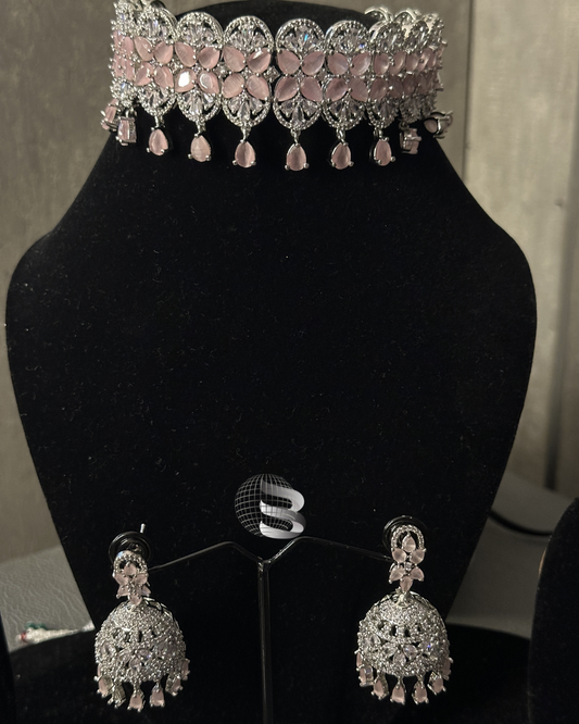 Silver Tone Light Pink Stones Studded American Diamond Choker Set
