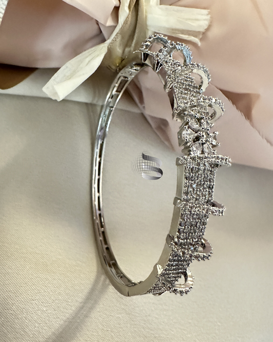 Rhodium-Plated Brass Cubic Zirconia Bangle-Style Bracelet