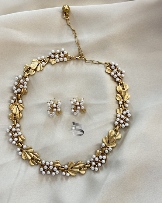 Golden Matt Finish Modern Leaf style with pearl work Necklace Set