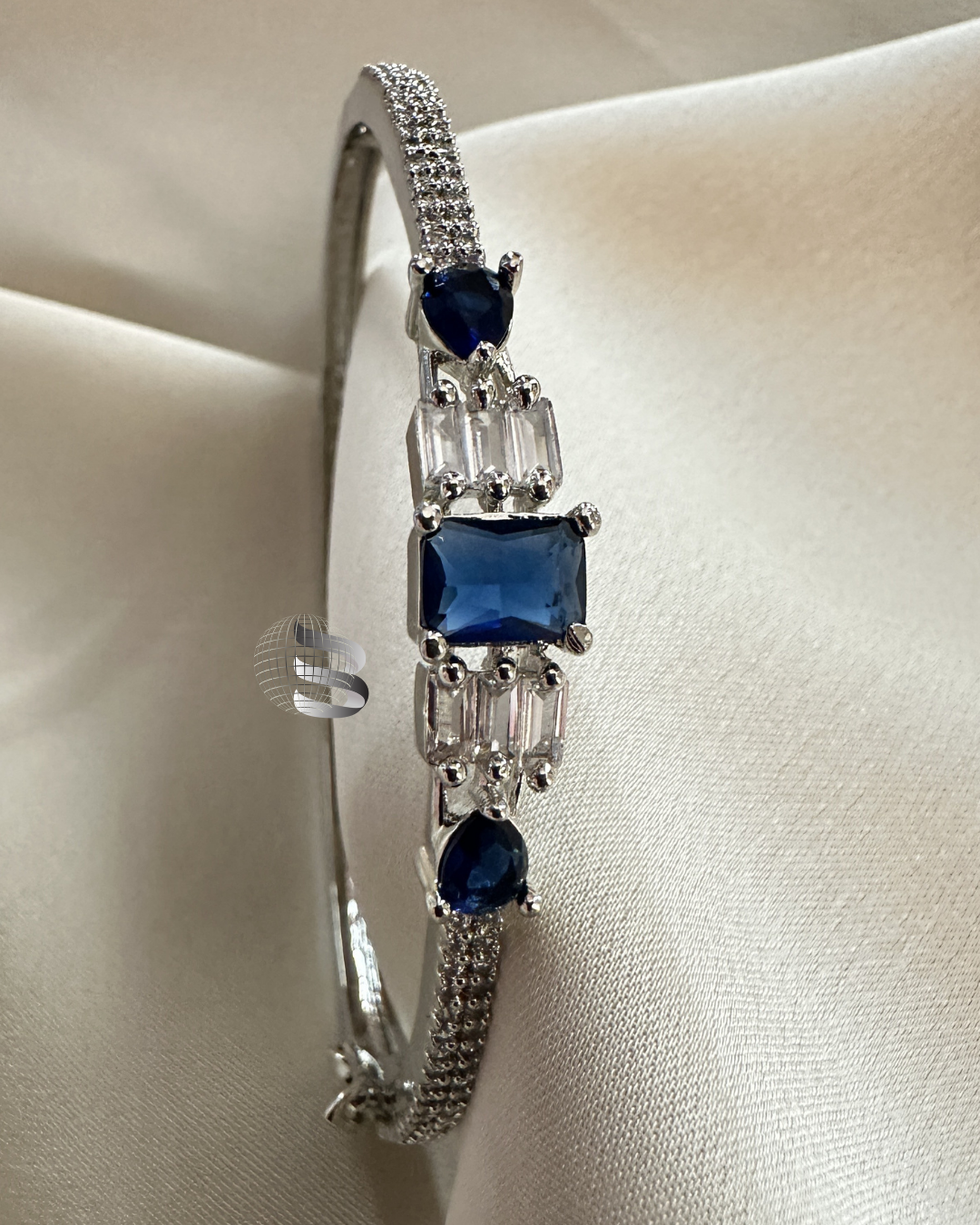 Rhodium Plated Brass American Diamond Studded Contemporary Blue Crystal Stone Studded Bracelets for Women & Girls