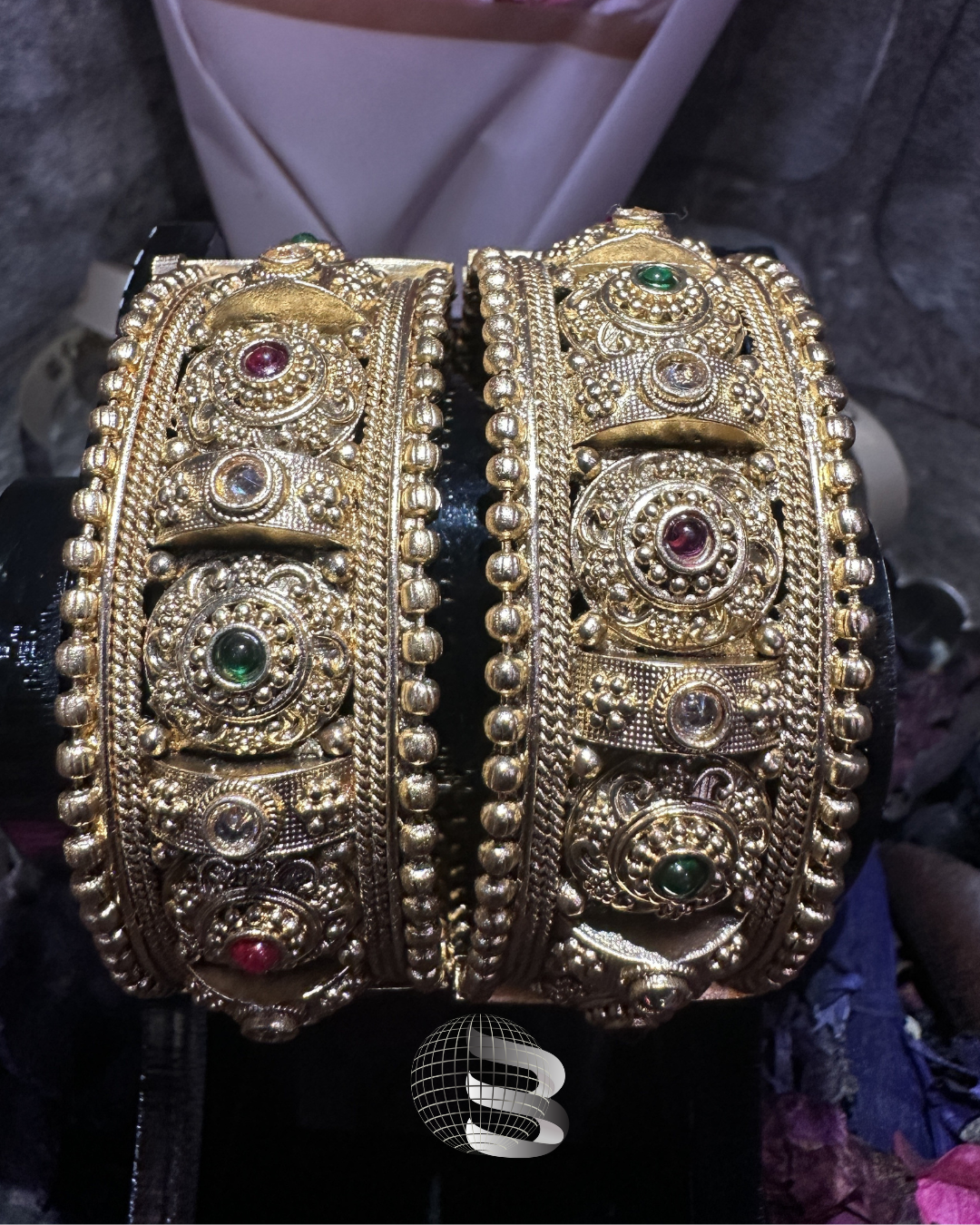 Antique Golden Red and Green Stone Studded Traditional Bangle Set