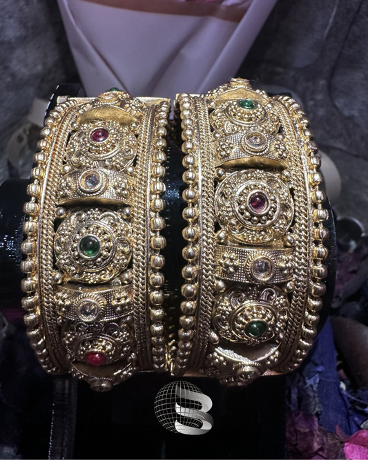 Antique Golden Red and Green Stone Studded Traditional Bangle Set
