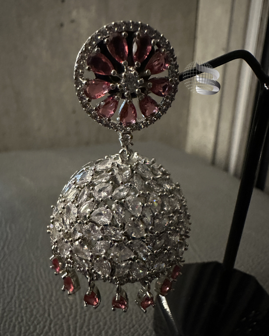 Boucles d'oreilles Jhumki/Jhumka plaquées argent, serties de zircones cubiques et de pierres roses, pour femmes et filles 