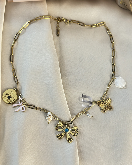 Anti-Tarnish Charm Necklace – Bow, Evil Eye & Butterfly Charms – For Girls & Women
