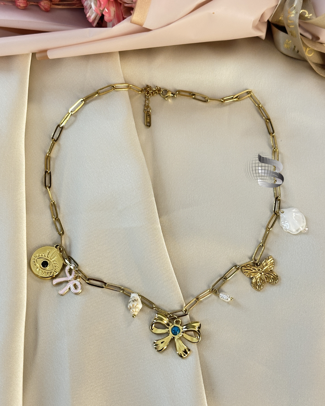 Anti-Tarnish Charm Necklace – Bow, Evil Eye & Butterfly Charms – For Girls & Women