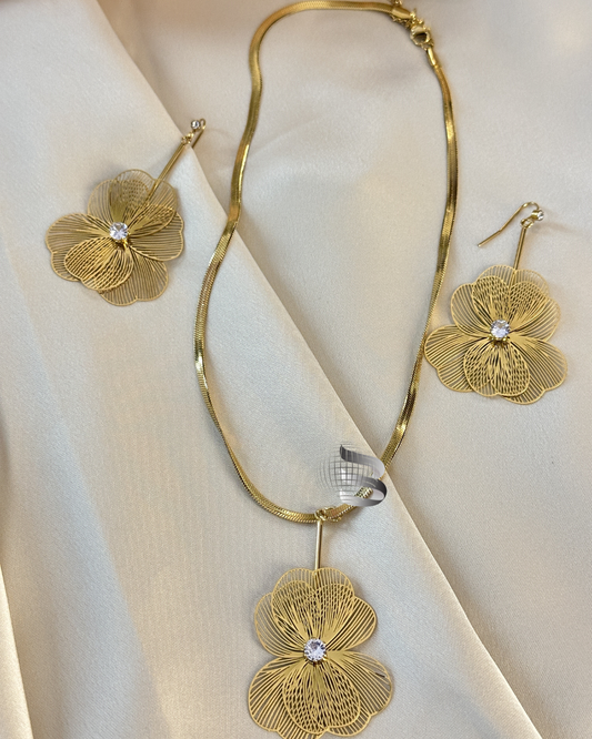 Anti-Tarnish Floral Pendant Set with Center Diamond – For Girls & Women