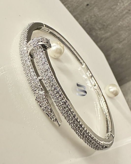 Rhodium-Plated Brass Cubic Zirconia Bangle-Style Bracelet