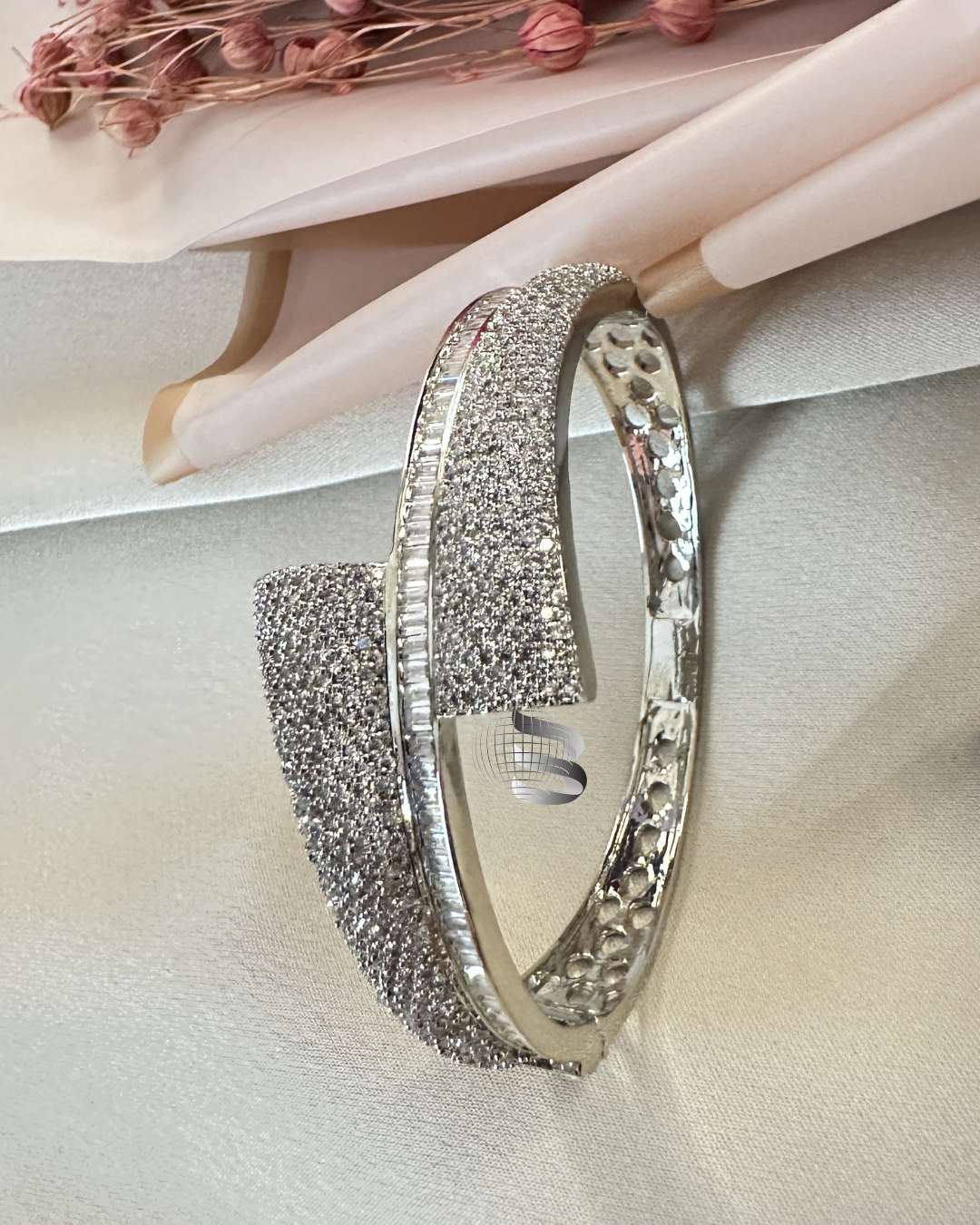 Rhodium-Plated Brass Cubic Zirconia Bangle-Style Bracelet