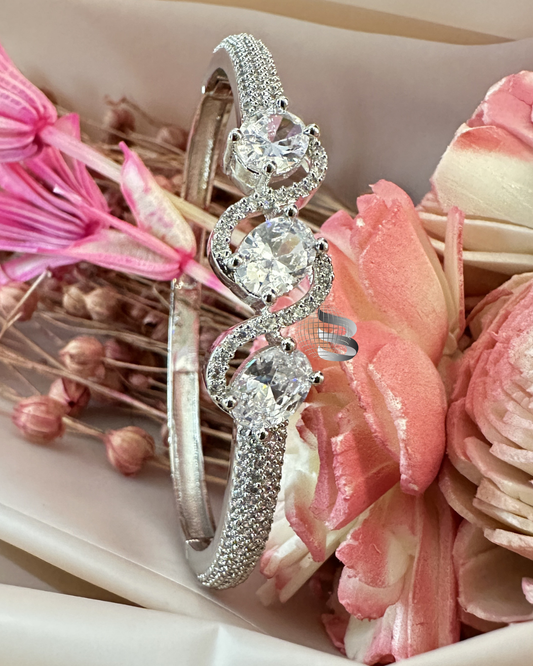 Rhodium-Plated Brass Cubic Zirconia Bangle-Style Bracelet