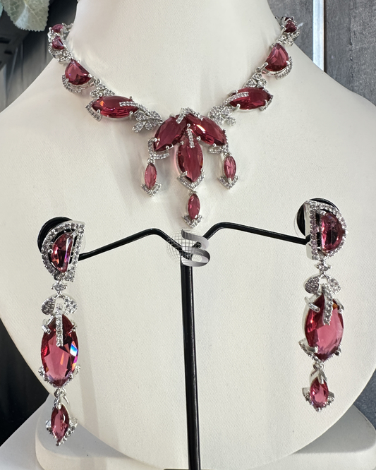 Dark Pink American Diamond Necklace Set