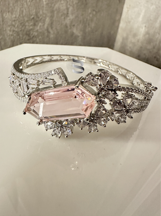 Rhodium-Plated Pink AD & White Cubic Zirconia Studded Bracelet for Girls and Women