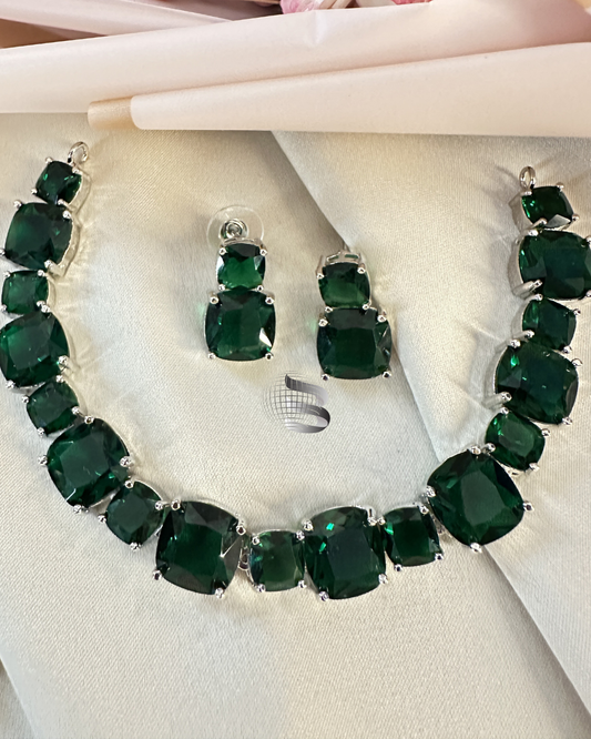Sqaure Shaped Stylish Emerald Necklace Set with Earrings | Latest Fancy Jewellery Set Design for Women & Girls | Anti Tarnish Necklace for Party, Engagement & Work