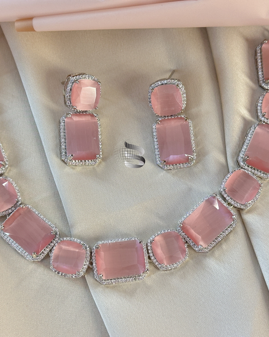Square Shaped Silver Toned American Diamond Light Pink Stone Studded Necklace with Earring Jewellery Set For Women