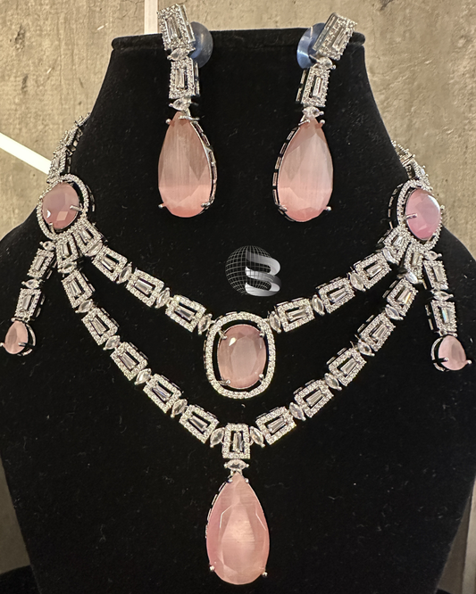 American Diamond Light Pink Stone Studded drop style women necklace set