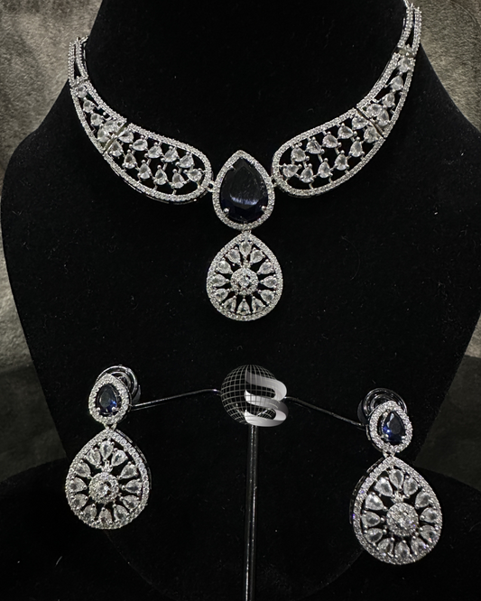 Blue Stone Centrepiece American Diamond Necklace Set