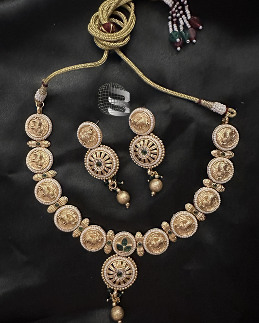 Golden Green Stone and Pearl Work Traditional Temple Antique Necklace Set