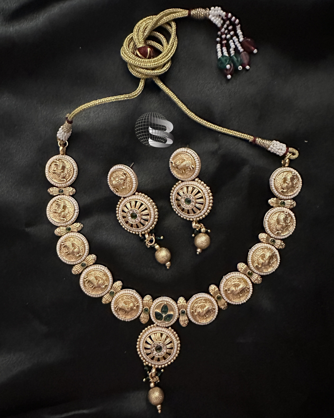 Golden Green Stone and Pearl Work Traditional Temple Antique Necklace Set