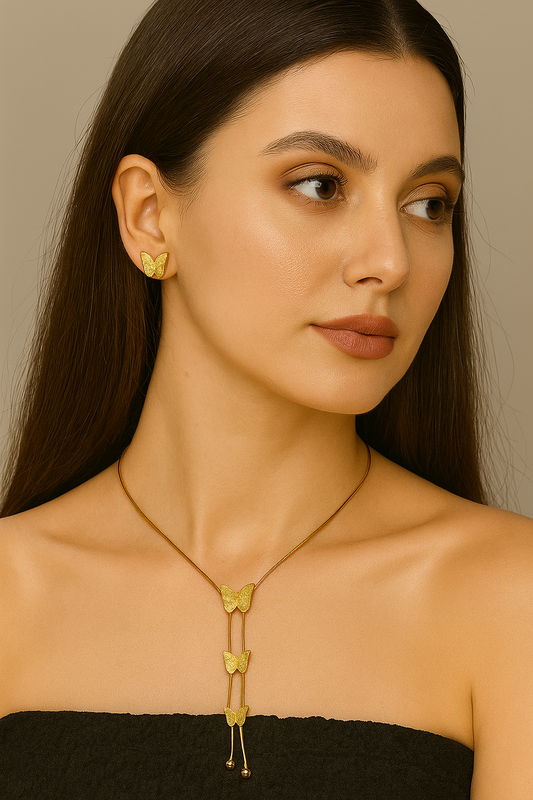 Premium Gold-Plated Butterfly Modern Neckwear with Stud Earring