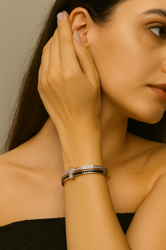 Premium Rose Gold-Plated Bracelet with American Diamond and Black Stones