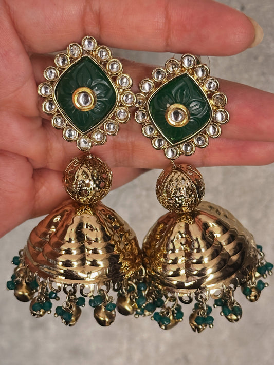 Brass Golden and Green Kundan Earring
