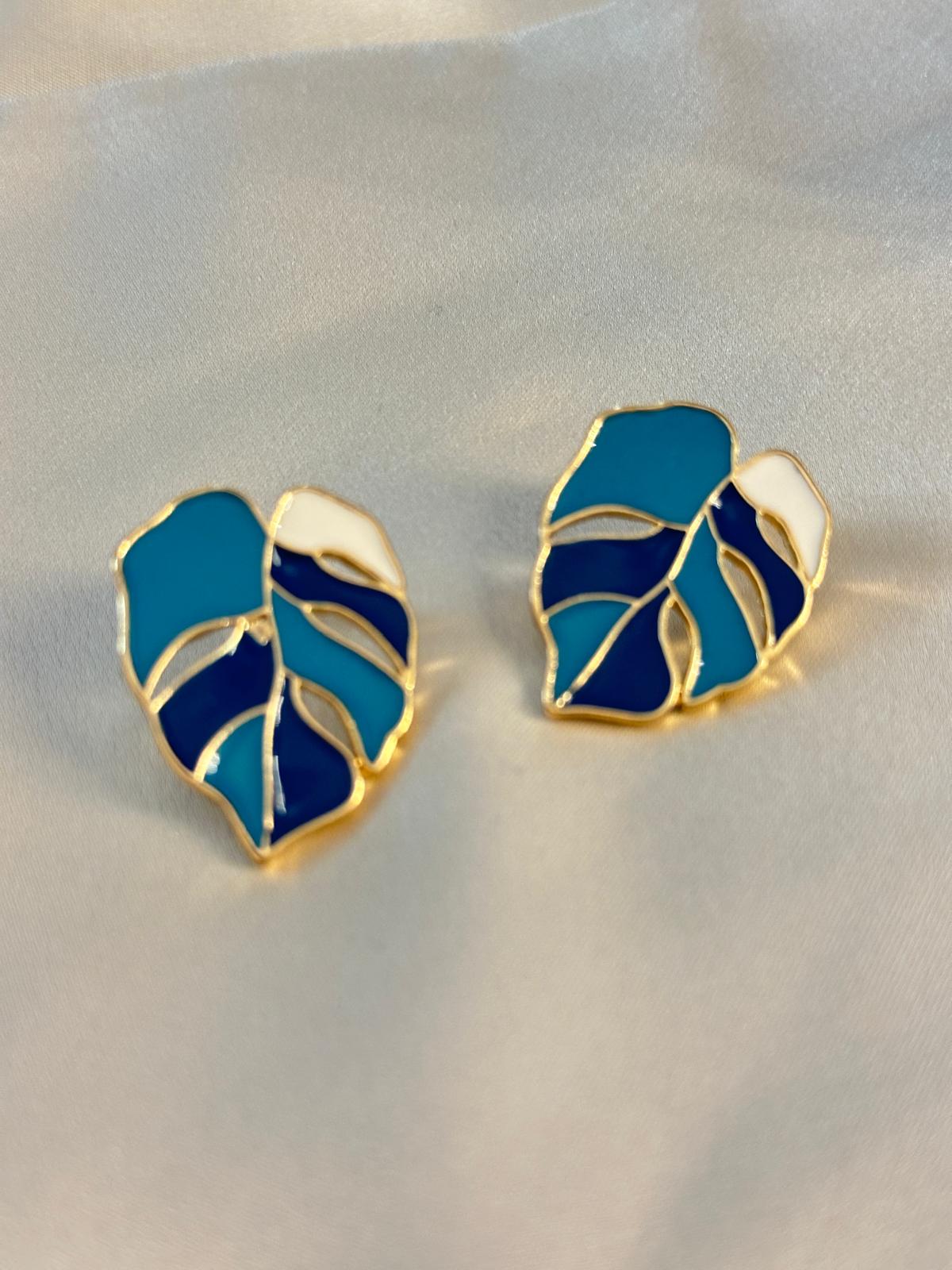 Stunning Blue Leaf Design Metal Enamelled Earrings