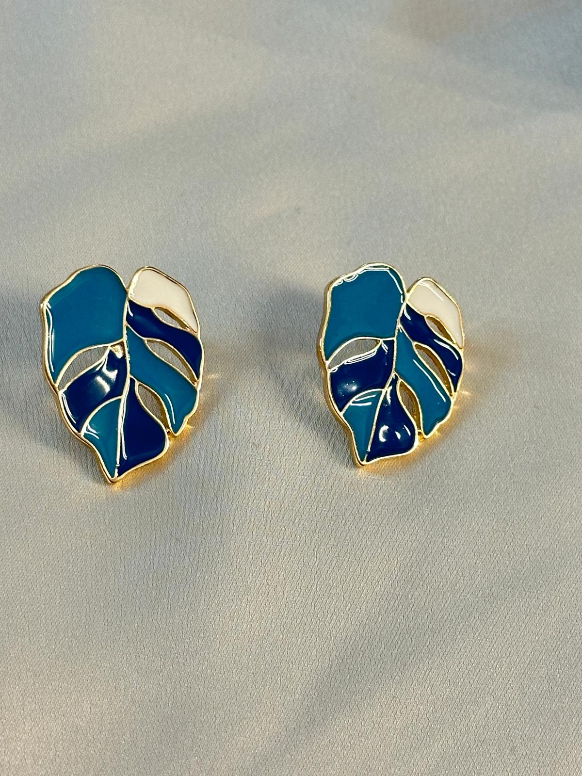 Stunning Blue Leaf Design Metal Enamelled Earrings
