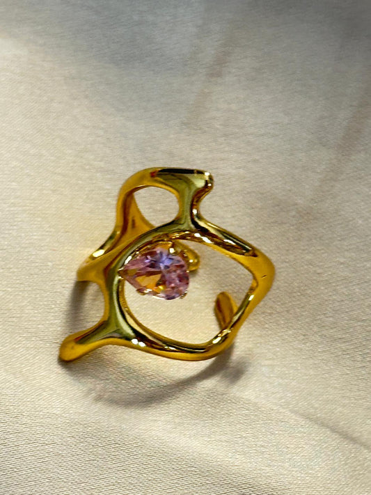 Abstract Gold-Plated Adjustable Finger Ring with Pink Stone