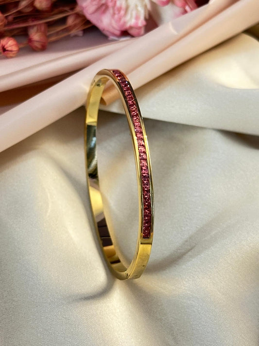 Premium Gold-Plated Pink Glass Stone Studded Sleek Bracelet