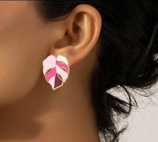 Sunning Leaf Design Metal Enamelled Pink Earrings