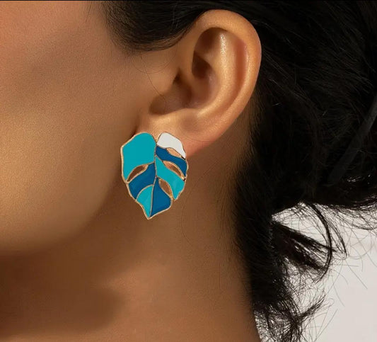 Stunning Blue Leaf Design Metal Enamelled Earrings