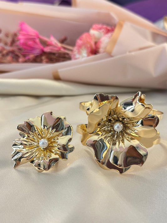 Golden Floral Bracelet with Adjustable Ring