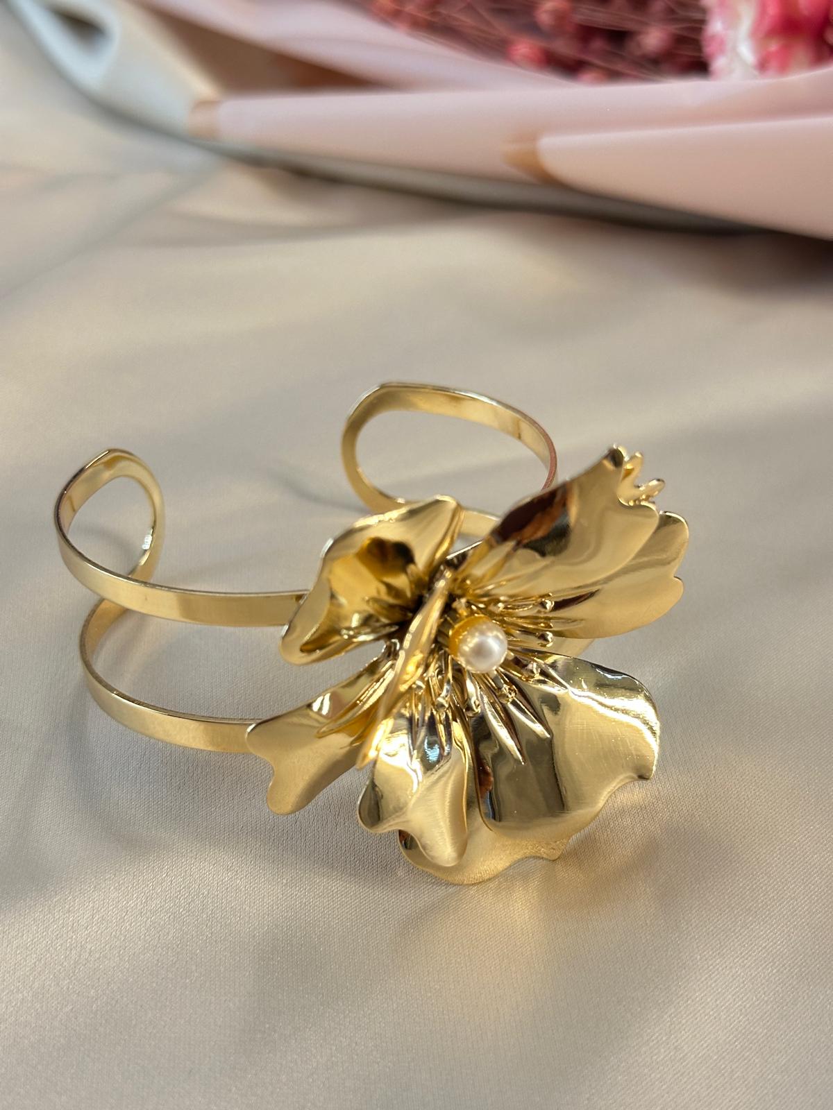 Golden Floral Bracelet with Adjustable Ring