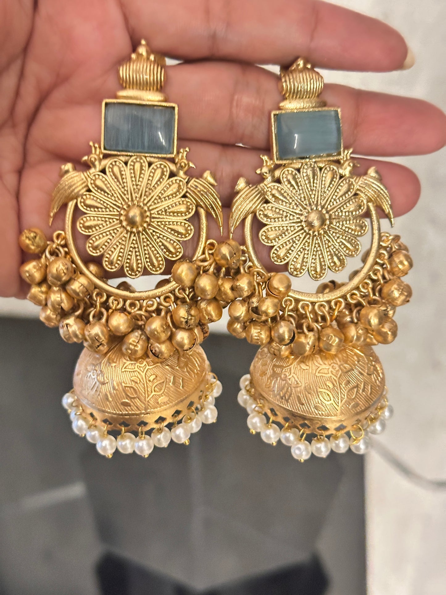 Kashmiri Earrings with Grey Stones