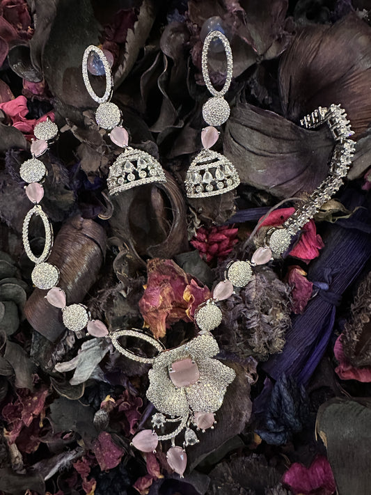 Floral Pink Stone and AD Necklace Set