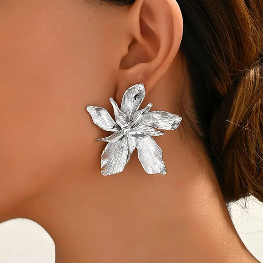 Modern Floral Silver Oversized Earrings